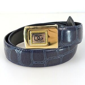 Dolce Gabbana Y2K Womens DG Buckle Leather Belt Blue Gold Size 28"-32" Croc